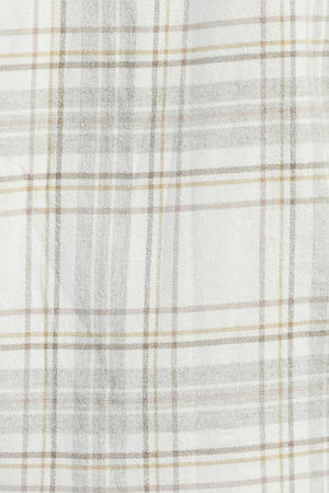 A close-up of the subtle plaid fabric pattern on the Academy Brand Edmond Check Shirt. The design consists of thin intersecting lines in shades of gray and beige on a soft off-white background, creating a light and neutral checkered appearance in mid-weight twill check.