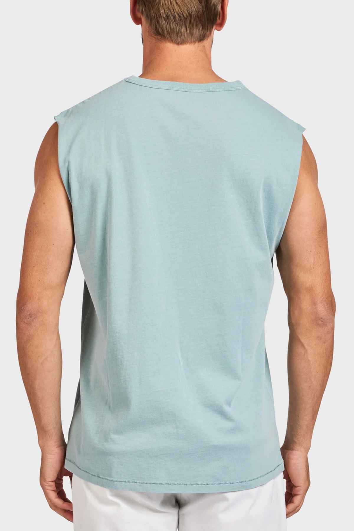 A person is depicted from behind wearing a sleeveless light blue Academy Brand Jimmy Muscle Tee and white shorts, made from heavy-weight sanded jersey, set against a plain white background.