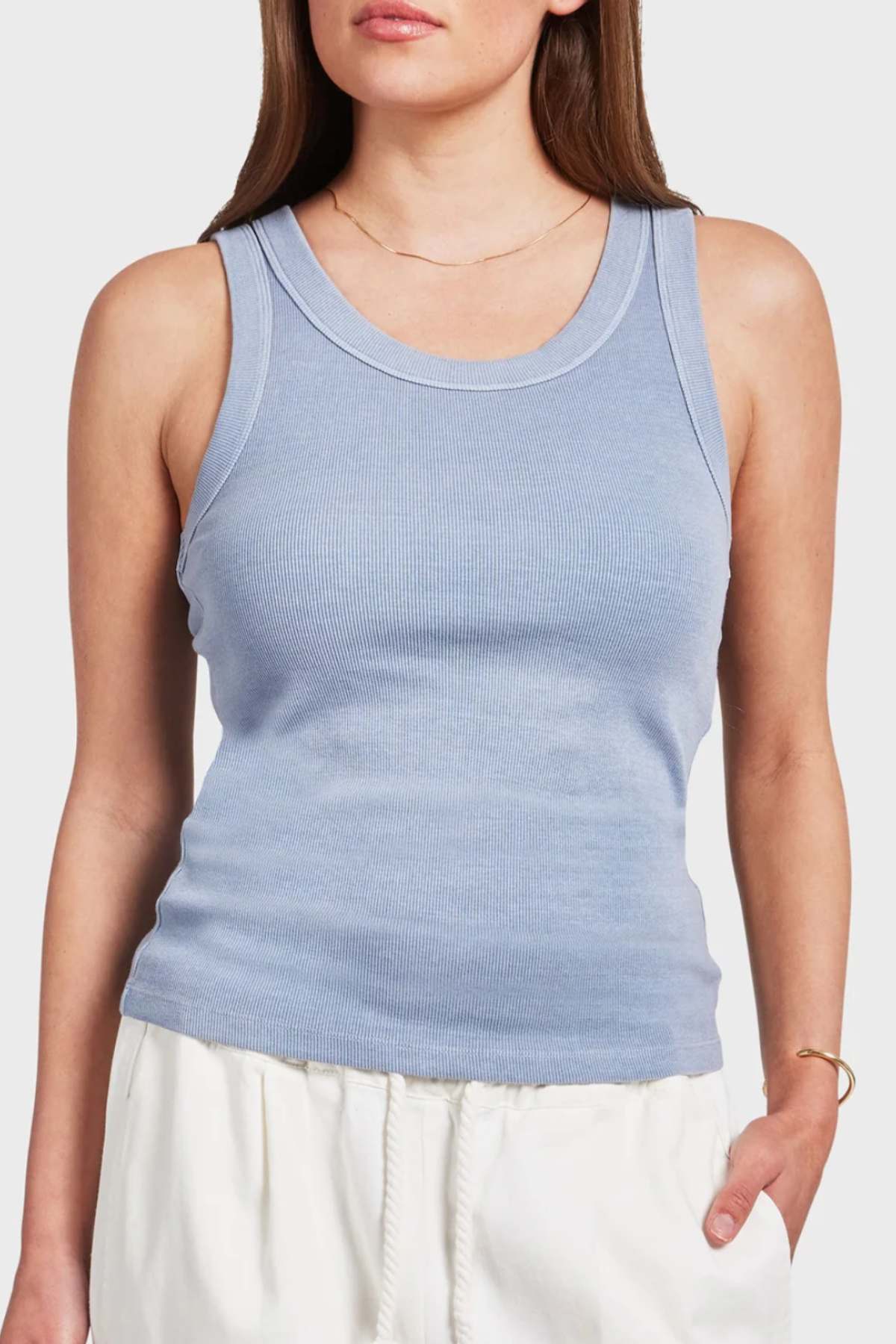 Academy Women Essential Rib Tank - Lavender Ash. Front image of ribbed tank top with a scoop neckline