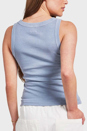 Academy Women Essential Rib Tank - Lavender Ash. Back image of ribbed tank top with a scoop neckline
