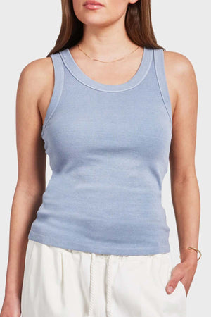 Academy Women Essential Rib Tank - Lavender Ash. Front image of ribbed tank top with a scoop neckline