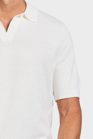 A man wears the Academy Brand Jonny Textured Knit Polo, a short-sleeve collared shirt, shown from shoulders to waist against a plain light background.