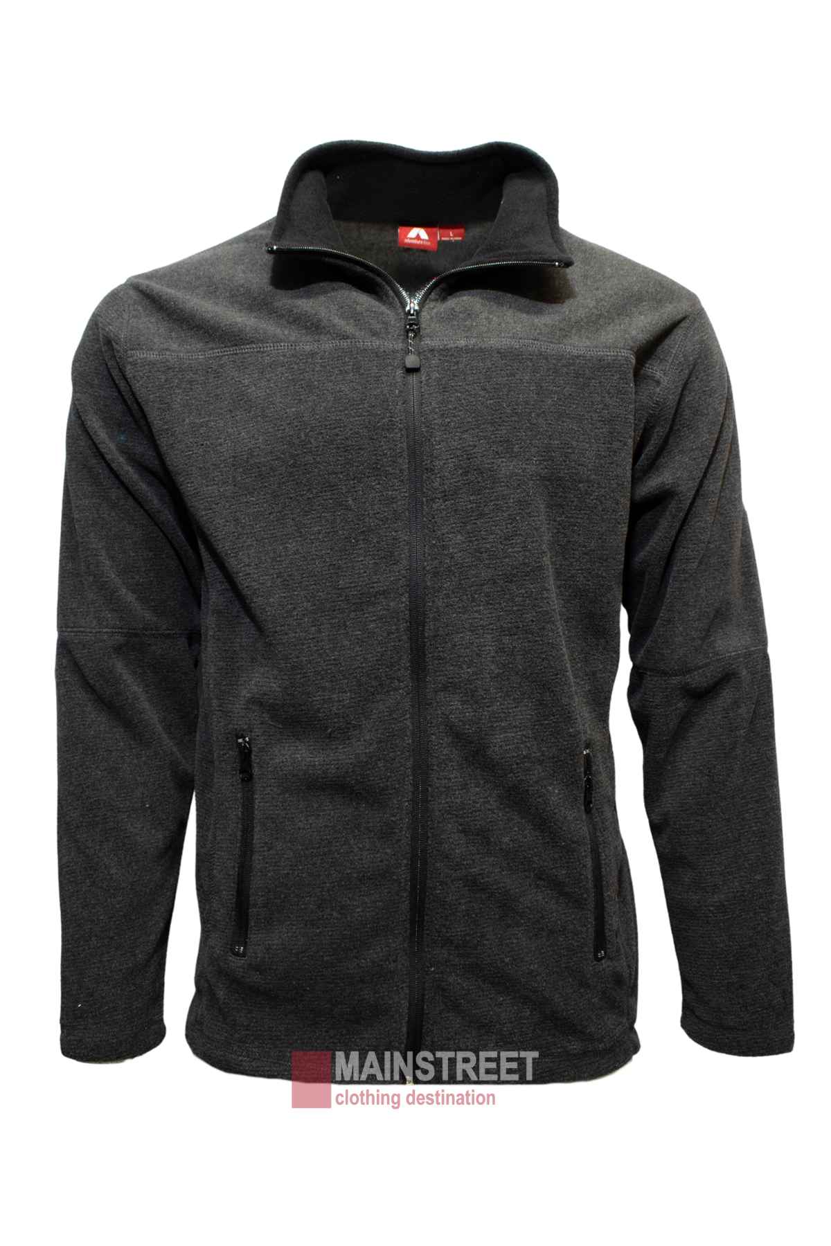 The Adventureline Kanga Jacket is a lightweight black zip-up fleece with two front zippered pockets, an upright collar, and the "MAINSTREET clothing destination" logo at the hem. Shown on a plain white background.