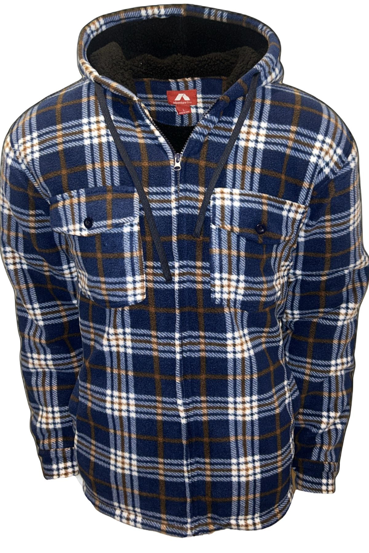 The Adventureline Sherpa Nomad Hoodie is a blue, brown, and white plaid flannel jacket with a zipper front and two chest pockets, displayed on a white background. Perfect for outdoor adventures.