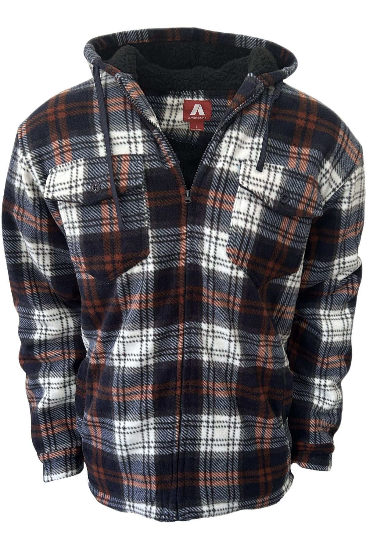 The Adventureline Sherpa Nomad Hoodie is a zip-up plaid hoodie with black, white, and orange checks, sherpa lining, hood with drawstrings, and two button-flap chest pockets—ideal for outdoor adventures.
