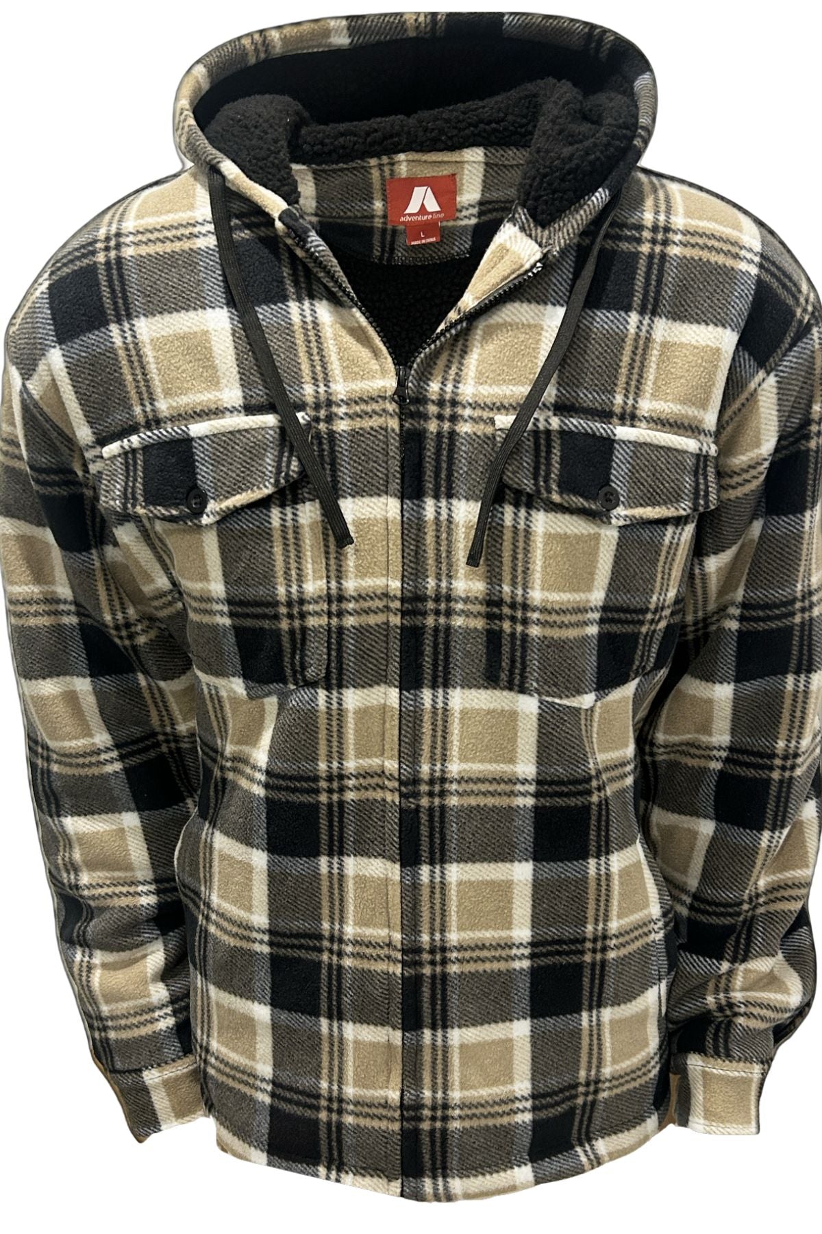 The Adventureline Sherpa Nomad Hoodie features a beige, black, and white plaid flannel design with a hood, black drawstrings, buttoned cuffs, and two chest flap pockets—ideal for outdoor adventures. Shown on a plain white background.