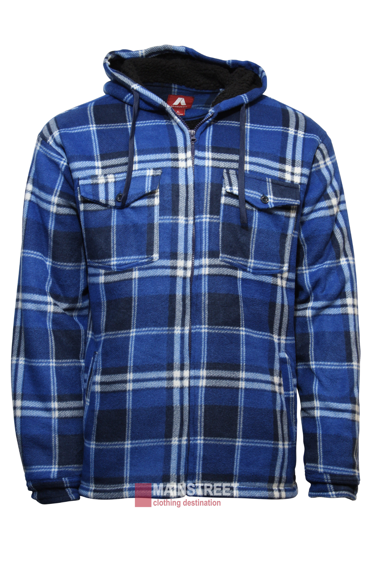 The Adventureline Nomad Hoodie is a blue, black, and white plaid jacket featuring a sherpa-lined hood. It includes two buttoned chest pockets, a front zipper, and an interior lined with a different fabric. The "Manstreet Clothing Destination" label is visible at the bottom.