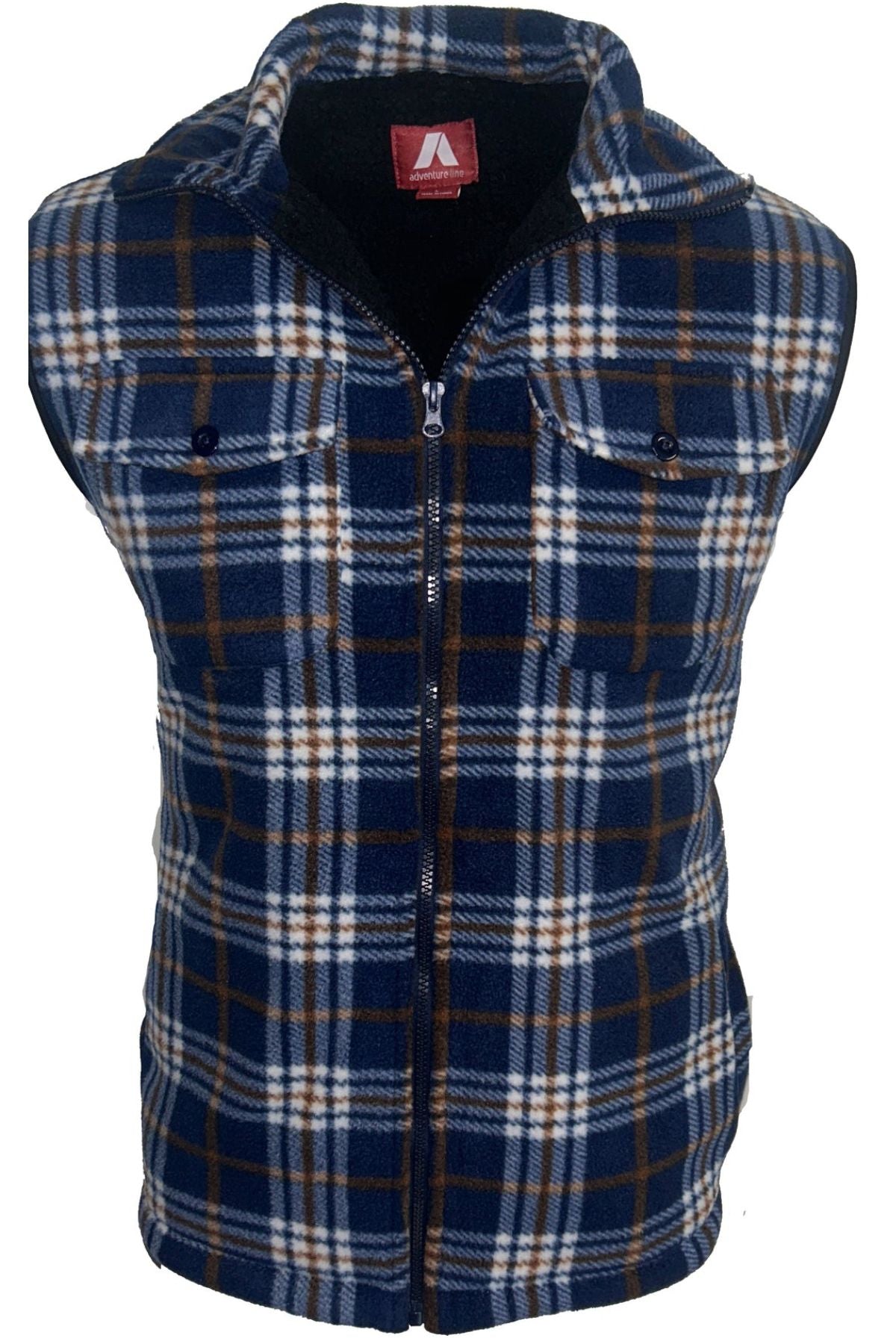 The Adventureline Sherpa Shearers Vest is a rugged, sleeveless plaid zip-up in blue, white, and brown, with two chest pockets and a collar, shown on a white background.