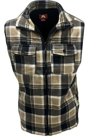 The Adventureline Sherpa Shearers Vest is a rugged, sleeveless zip-up with a black, tan, and white plaid pattern, two button-flap chest pockets, and a high collar.
