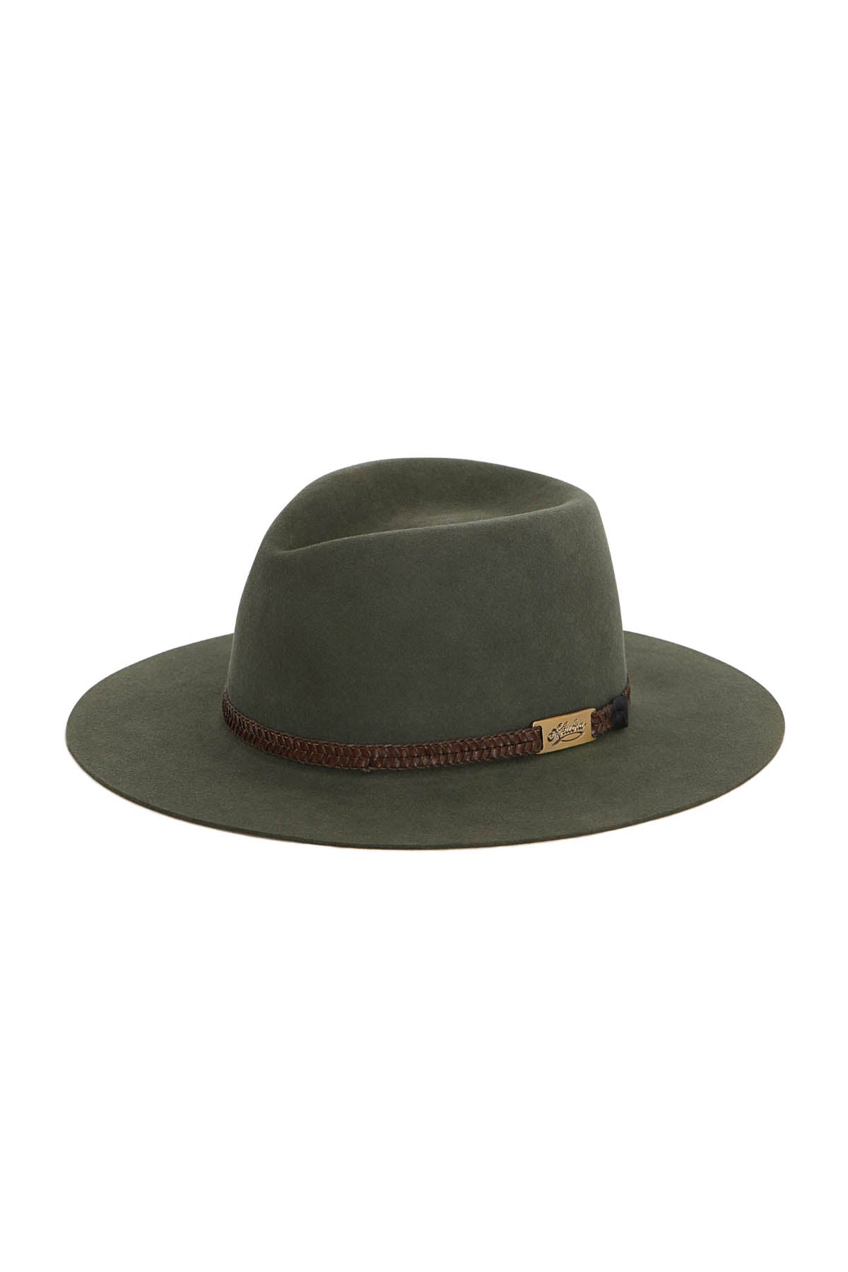The Akubra Avalon is a green wide-brimmed fedora hat made from soft felt, featuring a brown braided band and tiny gold rectangular tag on the side. This unisex hat boasts a smooth texture and classic design.