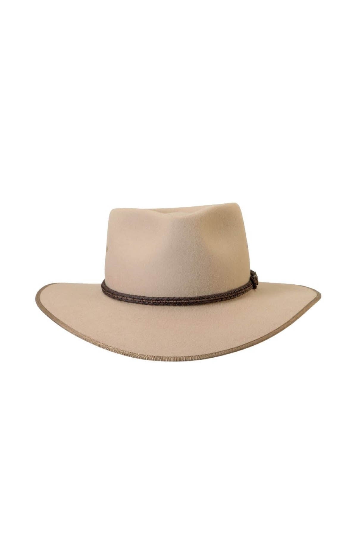 The Akubra Cattleman is a wide-brimmed beige felt hat with a brown braided band around the crown, capturing a classic Australian identity and reminiscent of traditional Akubra style.