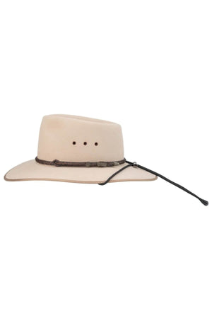 The Akubra Chinstrap is a light beige wide-brimmed hat that features a brown braided leather band above the brim and a black chin strap hanging to the side. It has ventilation holes on the side and a classic shape, making it suitable for outdoor or casual wear.