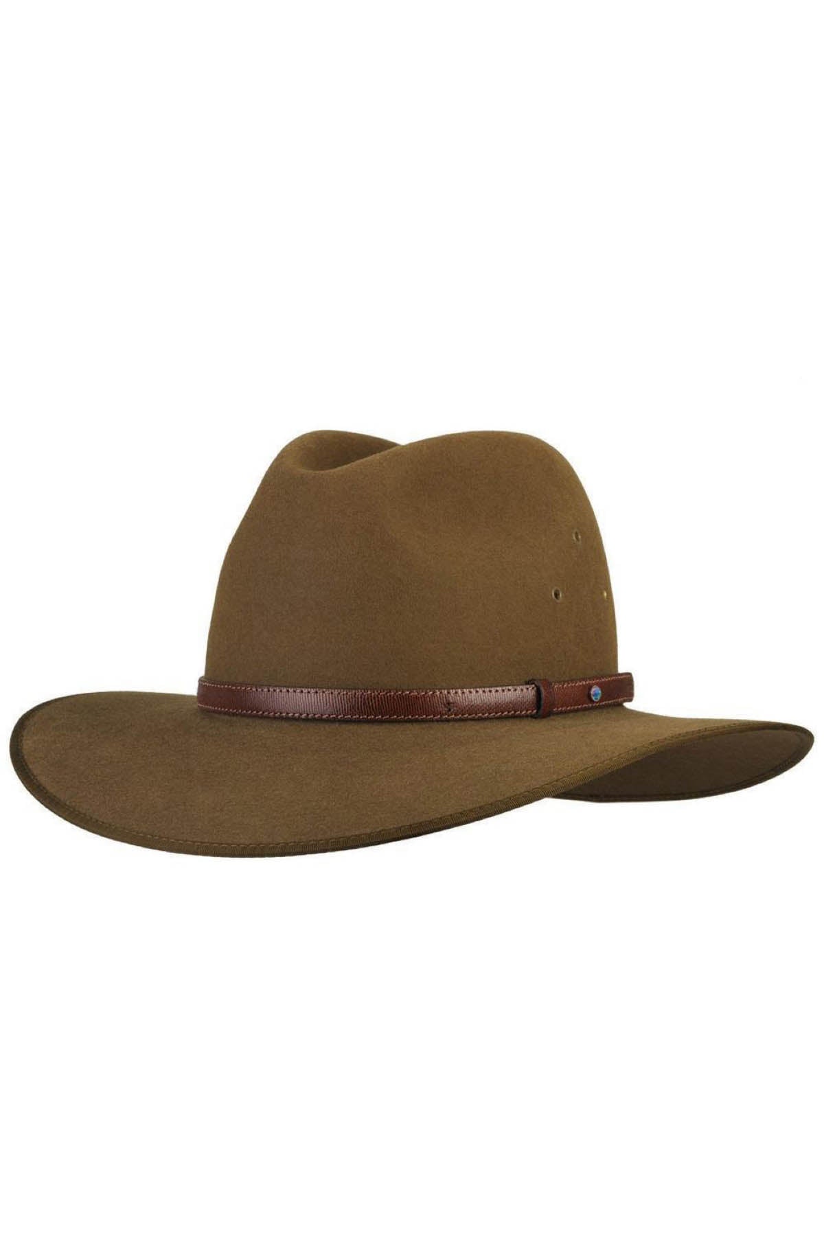 The Akubra Coober Pedy is a brown wide-brimmed hat with a creased crown and a simple brown leather hatband, perfect for any adventure.