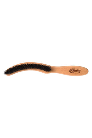 The Akubra Hat Brush is depicted with a curved beechwood handle, adorned with an engraved logo. It features black horsehair bristles and an ergonomically shaped handle for an easy grip, making it ideal for maintaining the cleanliness of a hat.