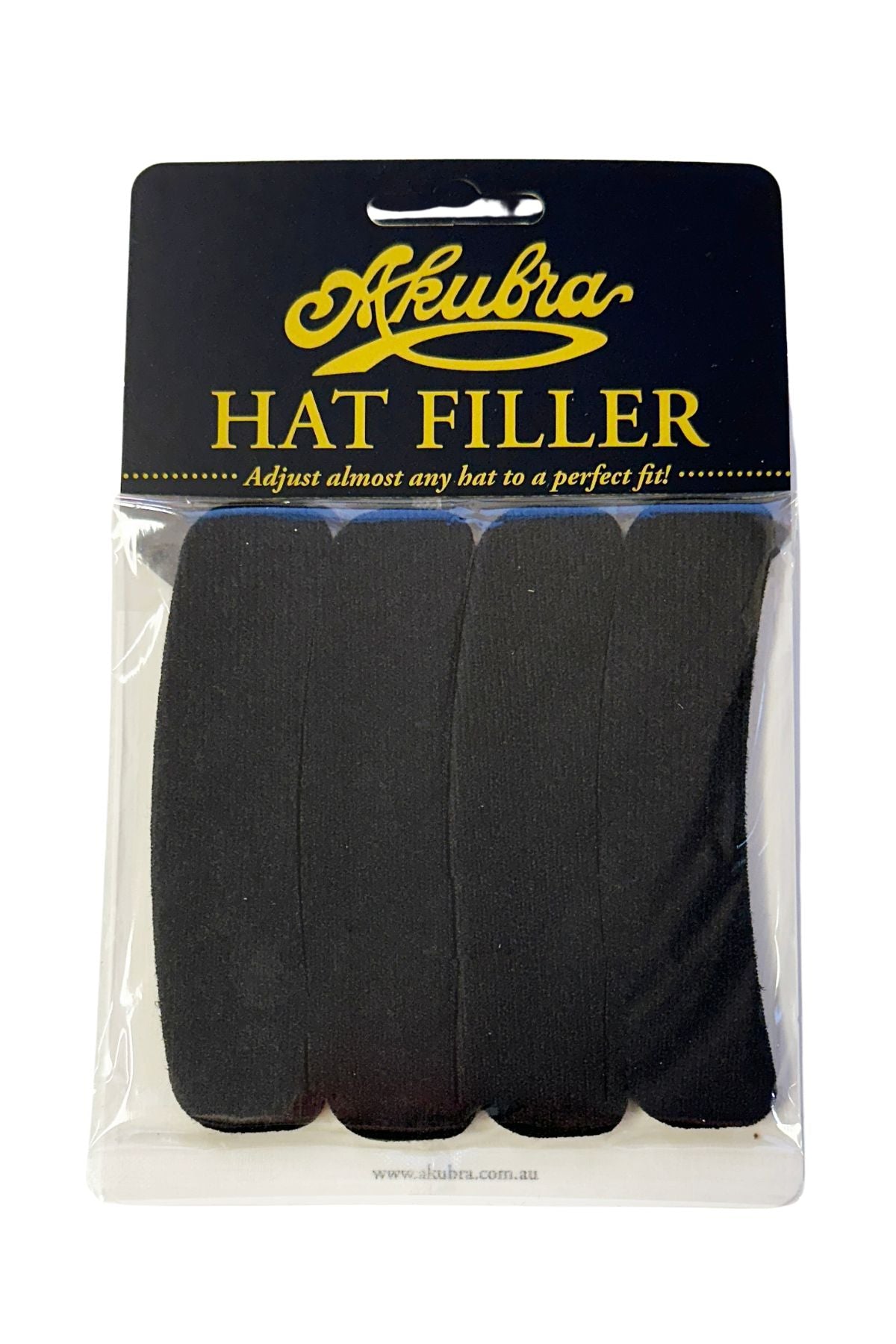 The Akubra Hat Filler package includes four black fabric hat size adjusters, tailored to ensure a perfect fit for a range of hat sizes. The packaging prominently displays the "Akubra" brand name at the top along with a brief description, highlighting its customizable options for achieving an ideal fit.
