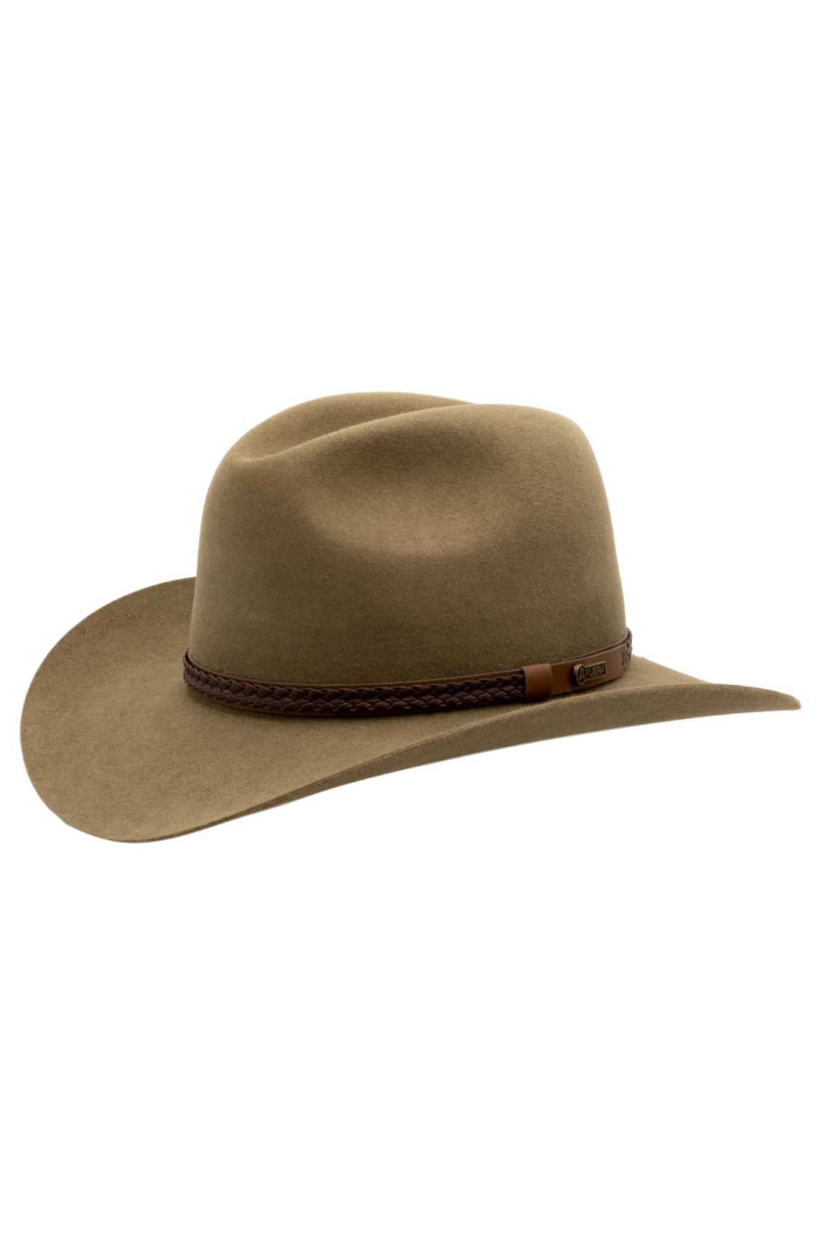 The Akubra Kiandra is a tan, wide-brimmed cowboy hat featuring a decorative brown braided band above the brim. Crafted from premium rabbit fur felt, this classic Western style hat boasts a slightly curved brim and a pinched crown. Proudly made in Australia.