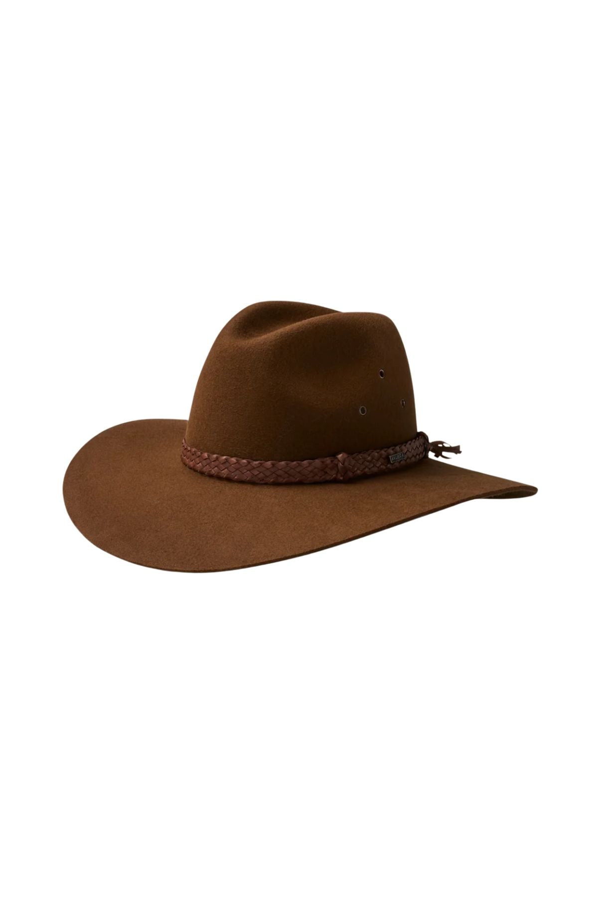The Akubra Riverina is a brown wide-brimmed cowboy hat with a braided hatband, offering sun protection. It is shown on a white background.