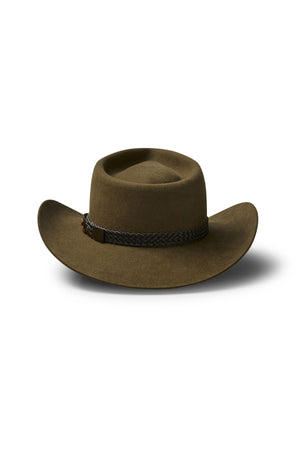The Akubra Snowy River is an olive-brown felt adventure hat with a wide brim, rounded crown, and black braided band, shown on a plain white background.