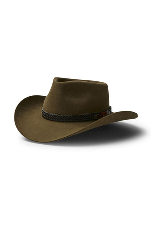 The Akubra Snowy River is a brown, wide-brimmed adventure hat with a slightly creased crown and a black braided band, shown on a white background with a light shadow.