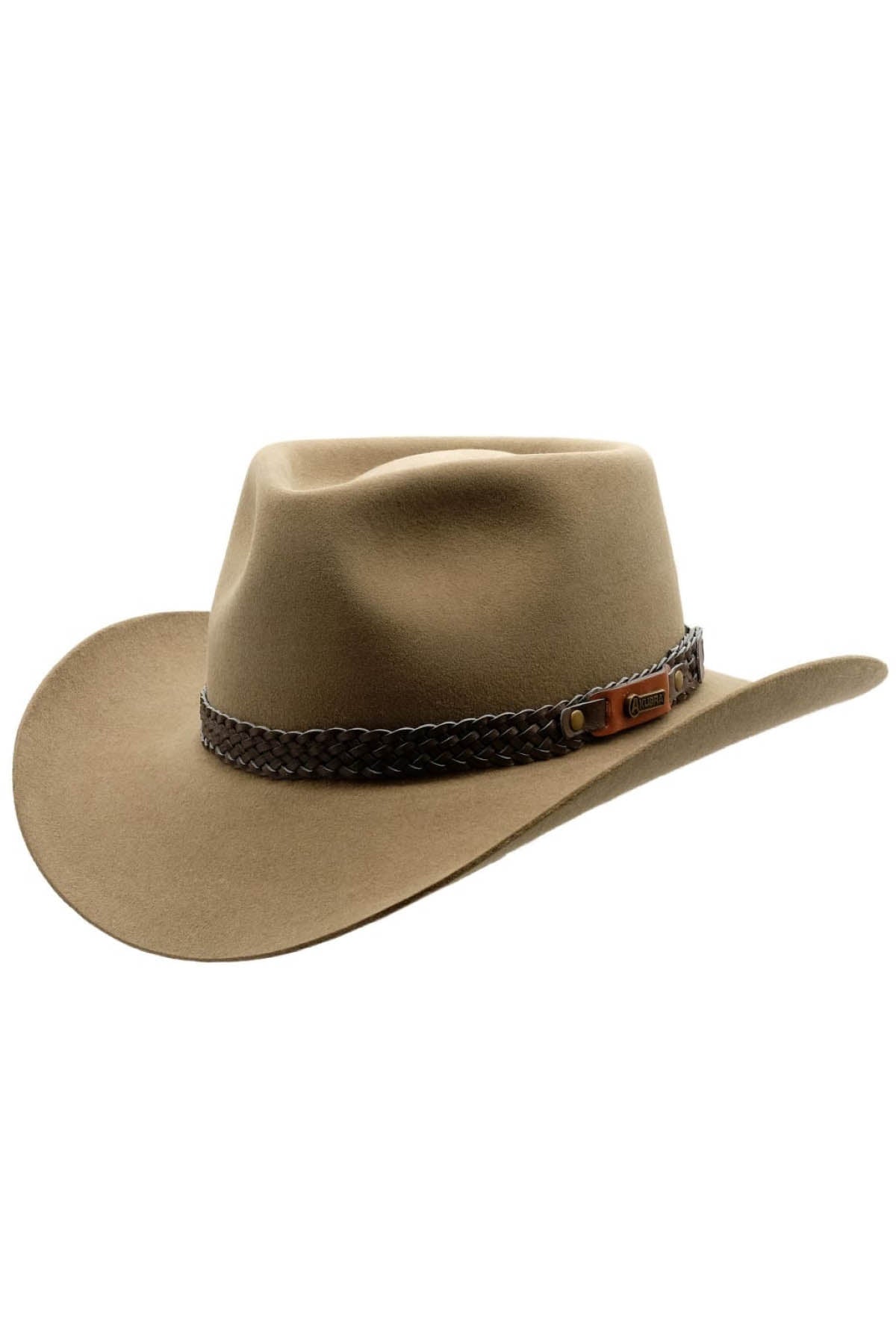 An Akubra Snowy River cowboy hat in tan, with a wide brim and a brown braided band around the crown, featuring a small leather tag.