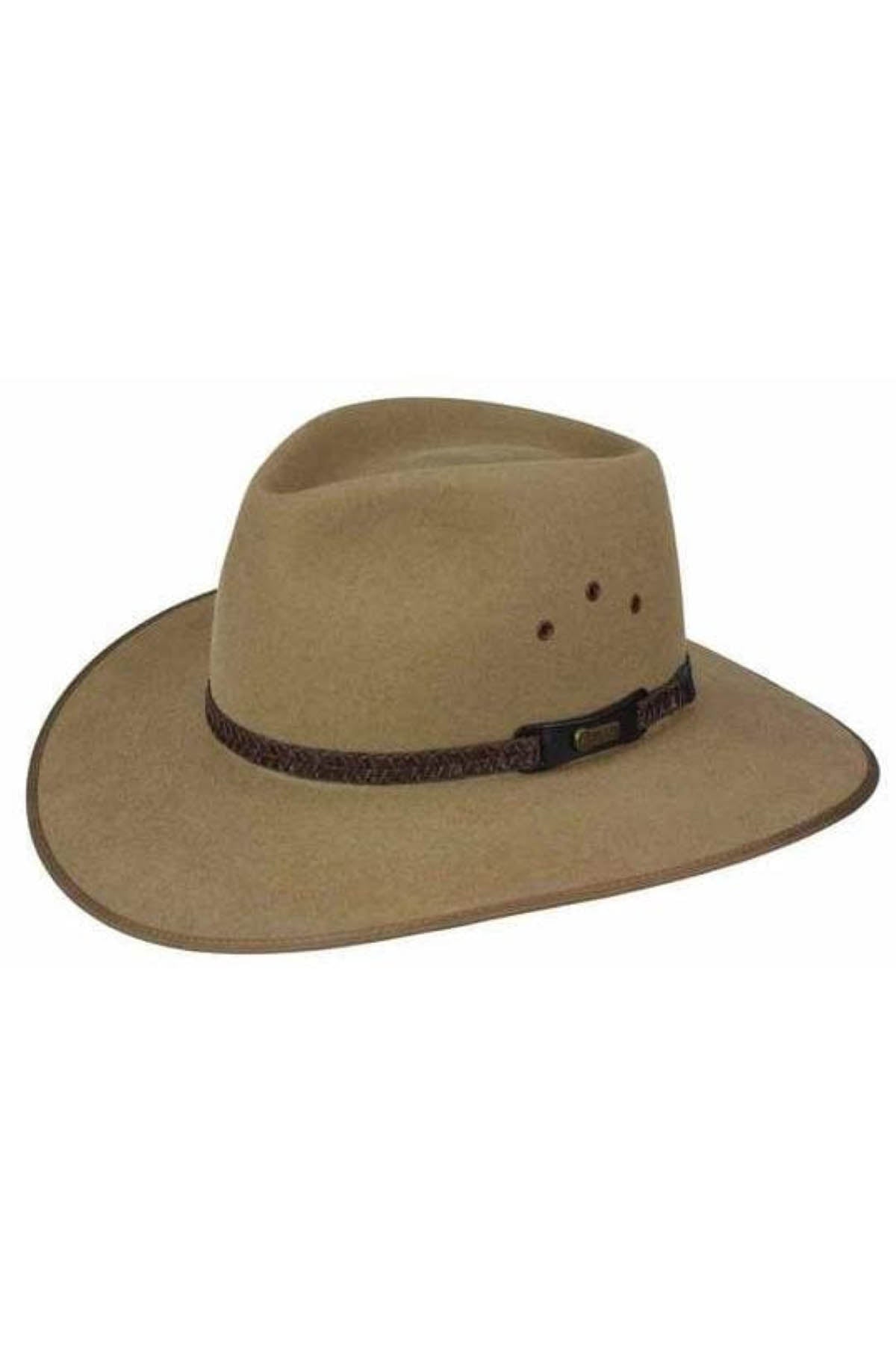 The Akubra Tablelands hat is made from rabbit fur felt and features a wide, light brown brim with UPF50+ sun protection. It includes two small ventilation holes and a dark patterned band around the crown with a slightly upturned brim.