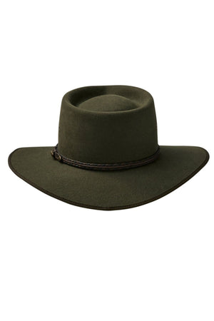 Dark green, wide-brimmed Akubra Cattleman - Limited Edition hat with a braided band around the crown, isolated on a white background.
