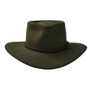 The Akubra Cattleman - Limited Edition is a dark green wide-brimmed hat with a flat top and a brown braided band, showcasing the classic, sturdy essence of Australian identity typical of outdoor or western-style hats.