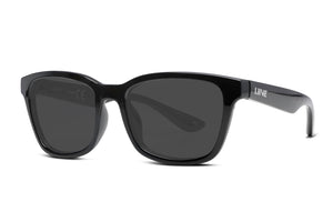 The Liive Alvin Sunglasses feature a sleek black design with glossy frames and dark UV-protective lenses. Seamlessly connected arms display "LINE" on the side, offering a classic yet modern look suitable for both casual and formal occasions.