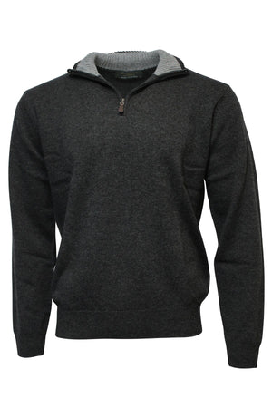 The Ansett Gold Luxury Wool Cashmere Half Zip Knit is a dark gray pullover with long sleeves, a half-zip collar, contrasting light gray inner collar lining, and ribbed cuffs and hem.
