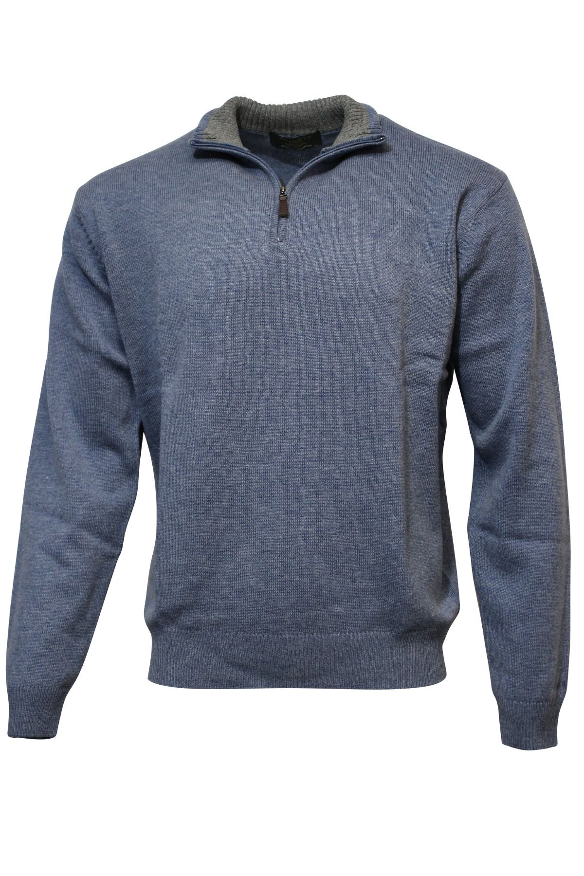 The Ansett Gold Luxury Wool Cashmere Half Zip Knit is a blue long-sleeve sweater with a quarter-zip collar, ribbed cuffs and hem, crafted from soft wool cashmere and shown on a plain white background.