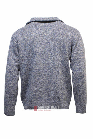 The Ansett Pure New Wool 1/2 Zip Knit sweater in blue and white speckle features long sleeves, a collar, and is shown from the back against a white background.