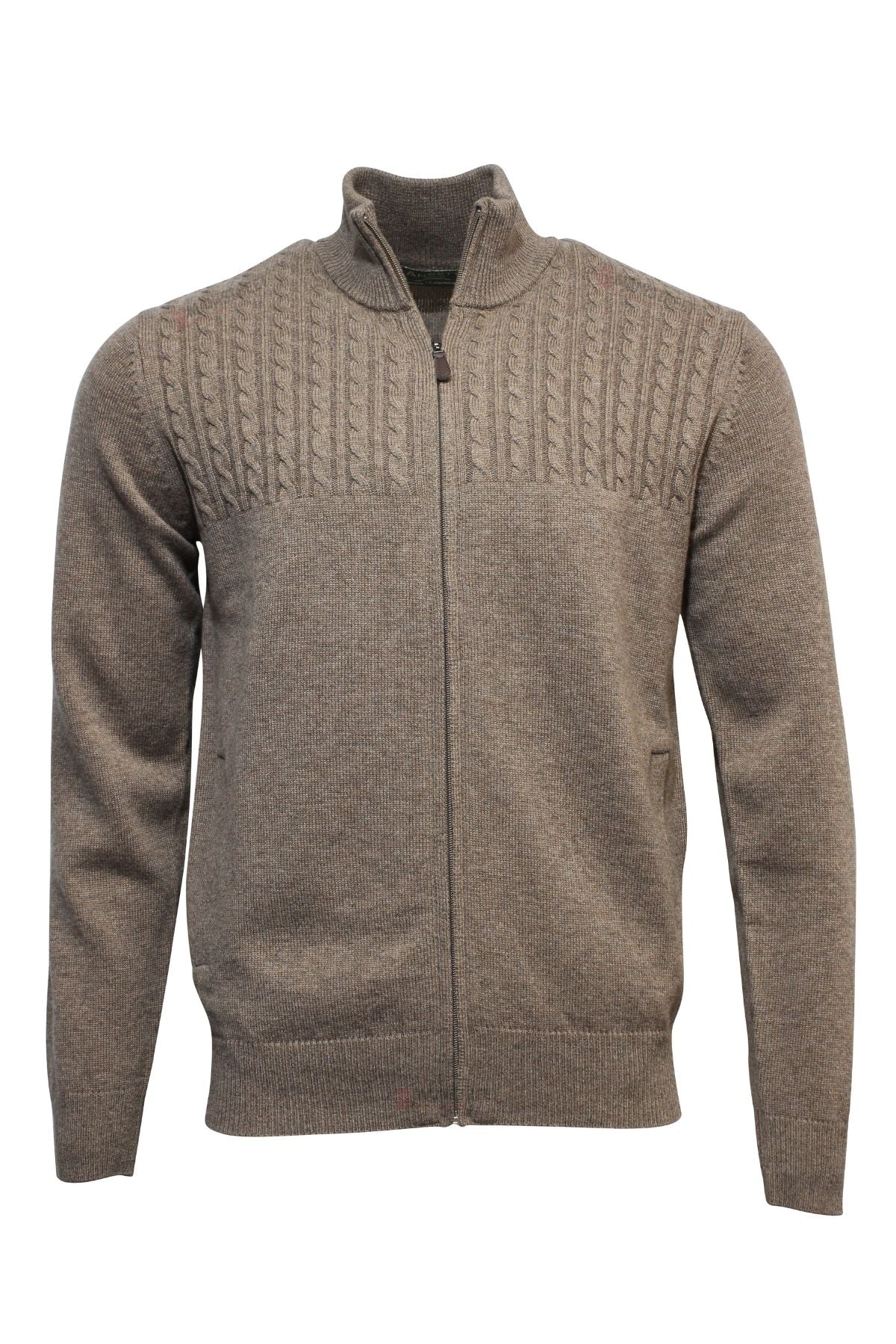 The Ansett Gold Luxury Wool Cashmere Full Zip Knit is a brown sweater with a high collar and cable knit detail on the upper chest and shoulders, made from premium wool and cashmere for warmth and comfort.