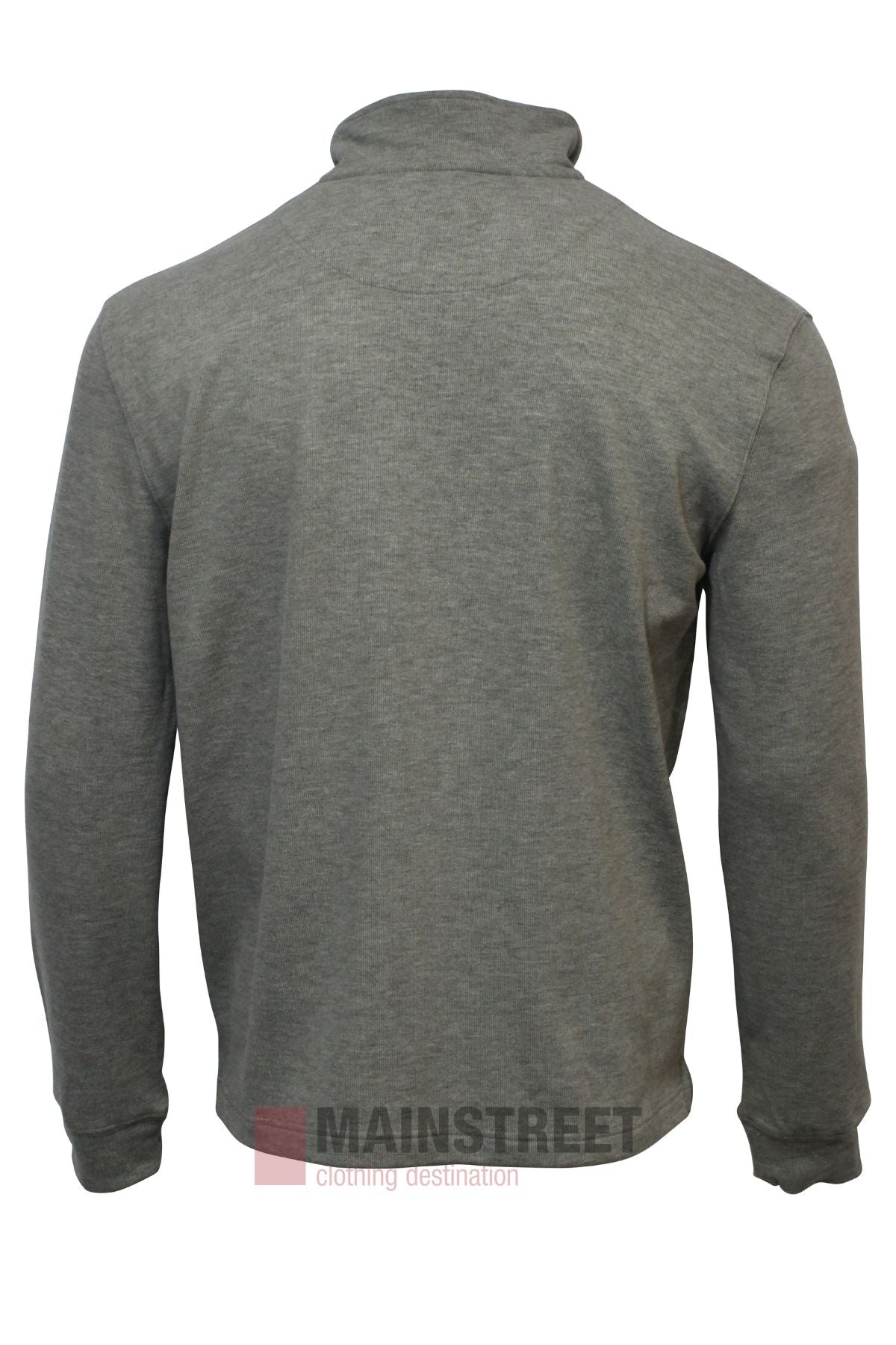 The Atlas 1/4 Zip Soft Touch Fleece is shown from the back in plain grey, with a high collar and premium fleece for comfort. The Mainstreet Clothing Destination logo is at the bottom center.