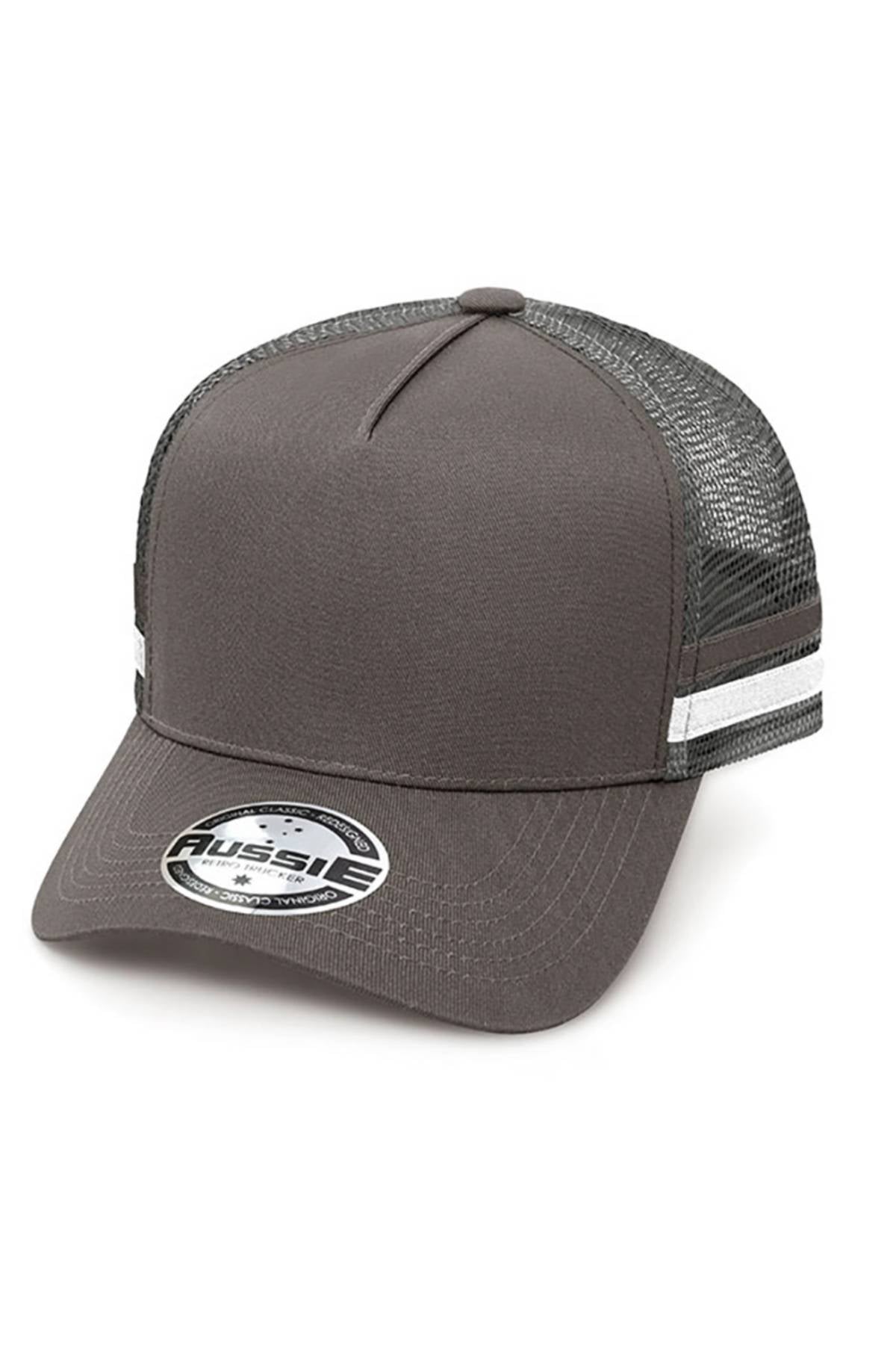 The Aussie A Frame Striped Trucker Cap is gray with white and gray side stripes, a mesh back, adjustable strap, and a “Aussie” brim sticker.