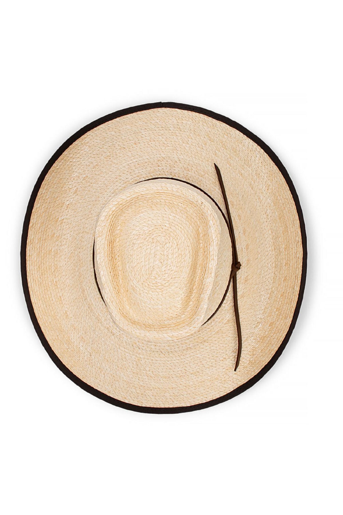 The Avenel Billabong Palm Straw Bound Edge Hat is a wide-brimmed camp drafter style with a dark brown edge and thin brown leather band. Seen from above on white, it provides UPF50+ sun protection for lasting outdoor comfort.