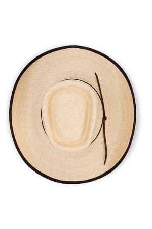 The Avenel Billabong Palm Straw Bound Edge Hat is a wide-brimmed camp drafter style with a dark brown edge and thin brown leather band. Seen from above on white, it provides UPF50+ sun protection for lasting outdoor comfort.