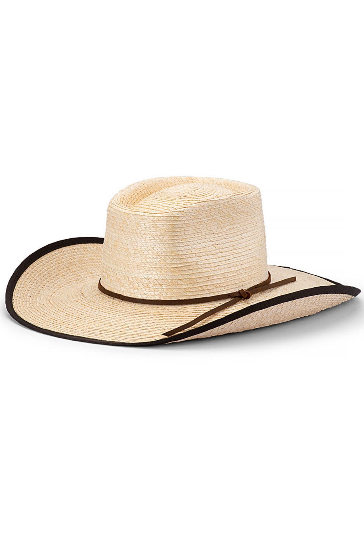 The Avenel Billabong Palm Straw Bound Edge Hat is a light palm straw camp drafter style with a wide brim, dark edge trim, thin brown hatband, and UPF50+ protection. Shown against a white background.