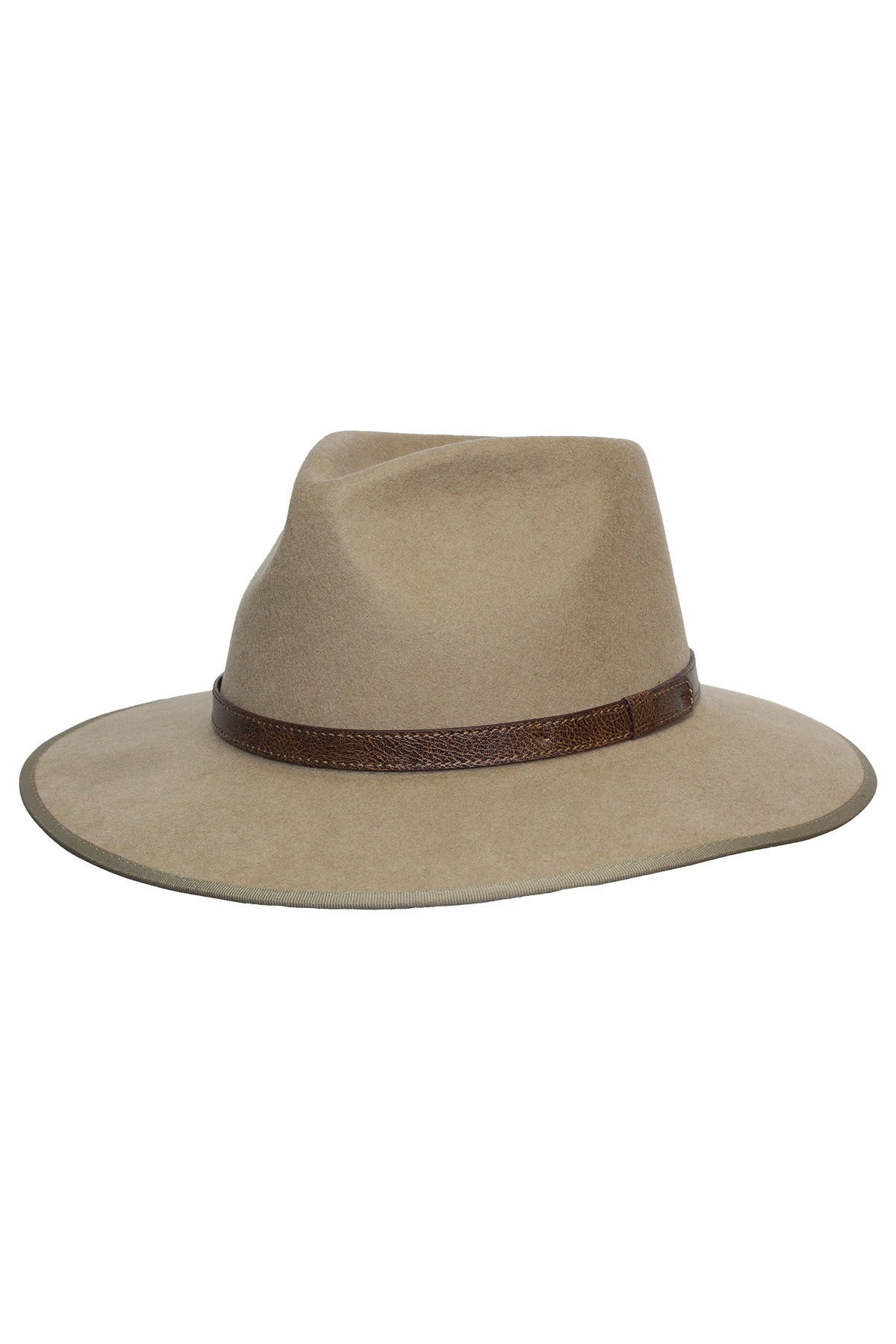 The Avenel Cole Australian Wool Felt City Fedora is a tan wide-brim hat with a brown leather band around the crown, crafted from premium Australian wool and displayed against a white background.