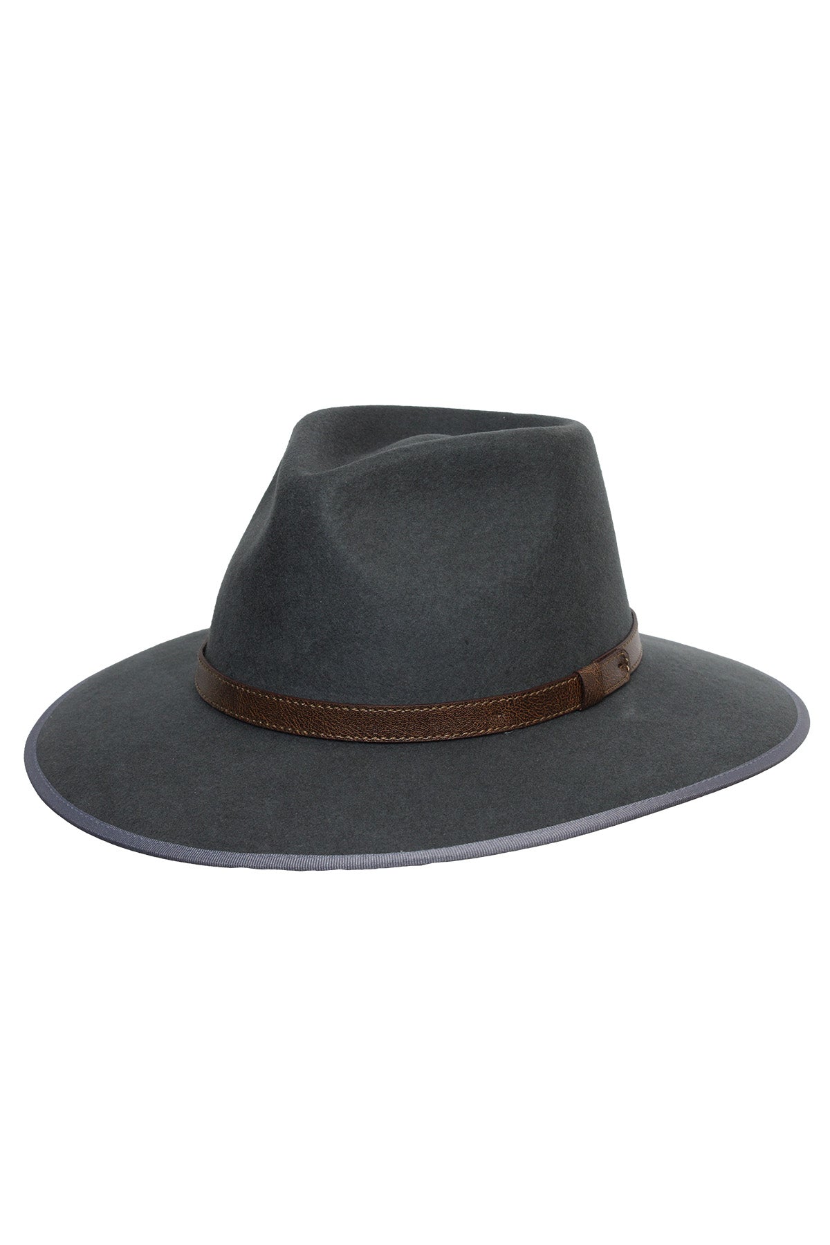 The Avenel Cole Australian Wool Felt City Fedora is a dark gray hat with a brown leather band, crafted from premium Australian woolβideal for city living and shown against a white background.