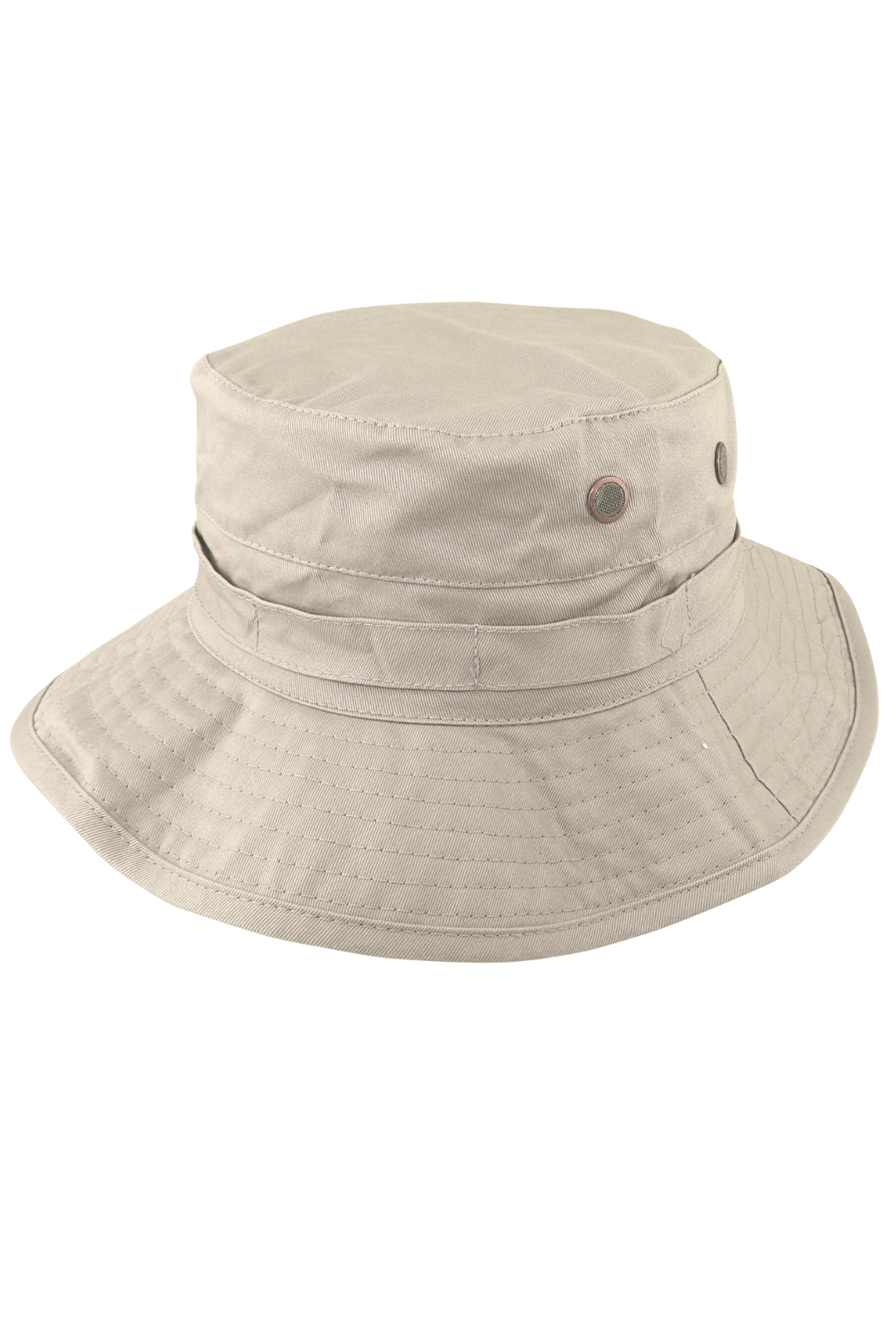 The Avenel Cotton Bush Hat is a khaki-colored bucket hat crafted from cotton fabric. It features a wide, slightly downward-sloping brim and two metal rivet ventilation holes on each side of the crown. This hat offers UPF50+ sun protection and has a stitched band around the base of the crown for added texture and structure.