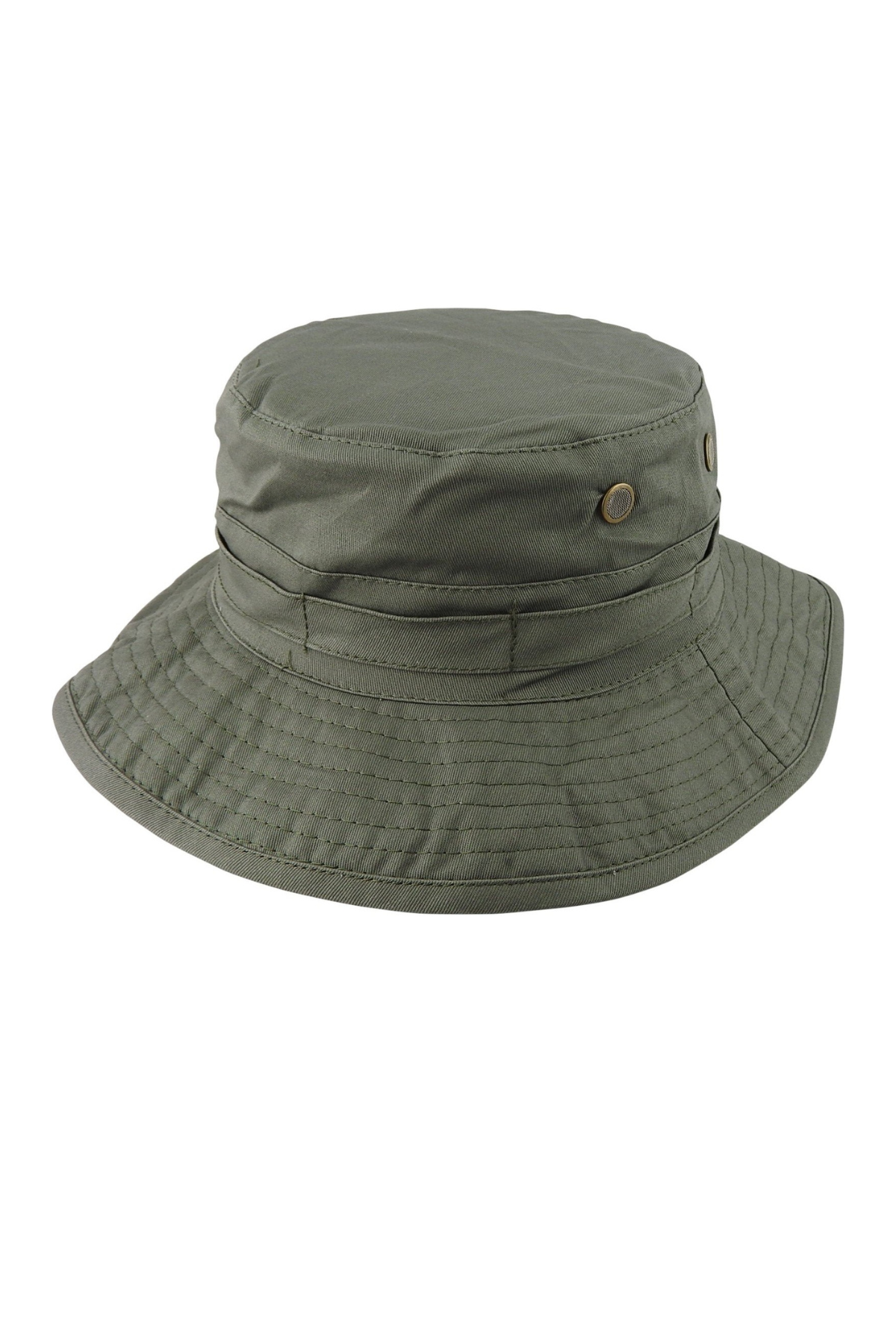 The Avenel Cotton Bush Hat is an olive green bucket-style hat made of cotton, featuring a wide, downward-sloping brim with stitching detail. It includes two metal eyelets on each side for ventilation and offers UPF50+ sun protection, making it ideal for sunny days.