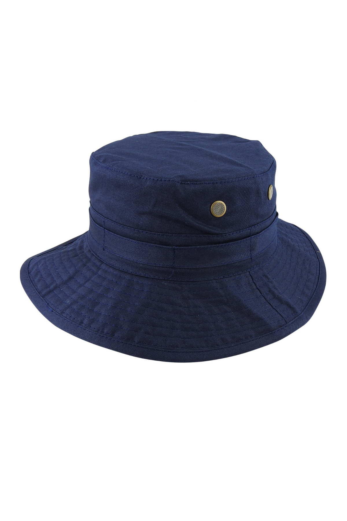 The Avenel Cotton Bush Hat is a navy blue boonie hat with a wide brim and metal eyelets on the side, crafted from durable cotton. It features a stitched pattern around the brim, offers UPF50+ sun protection, and has a simple, sturdy design.