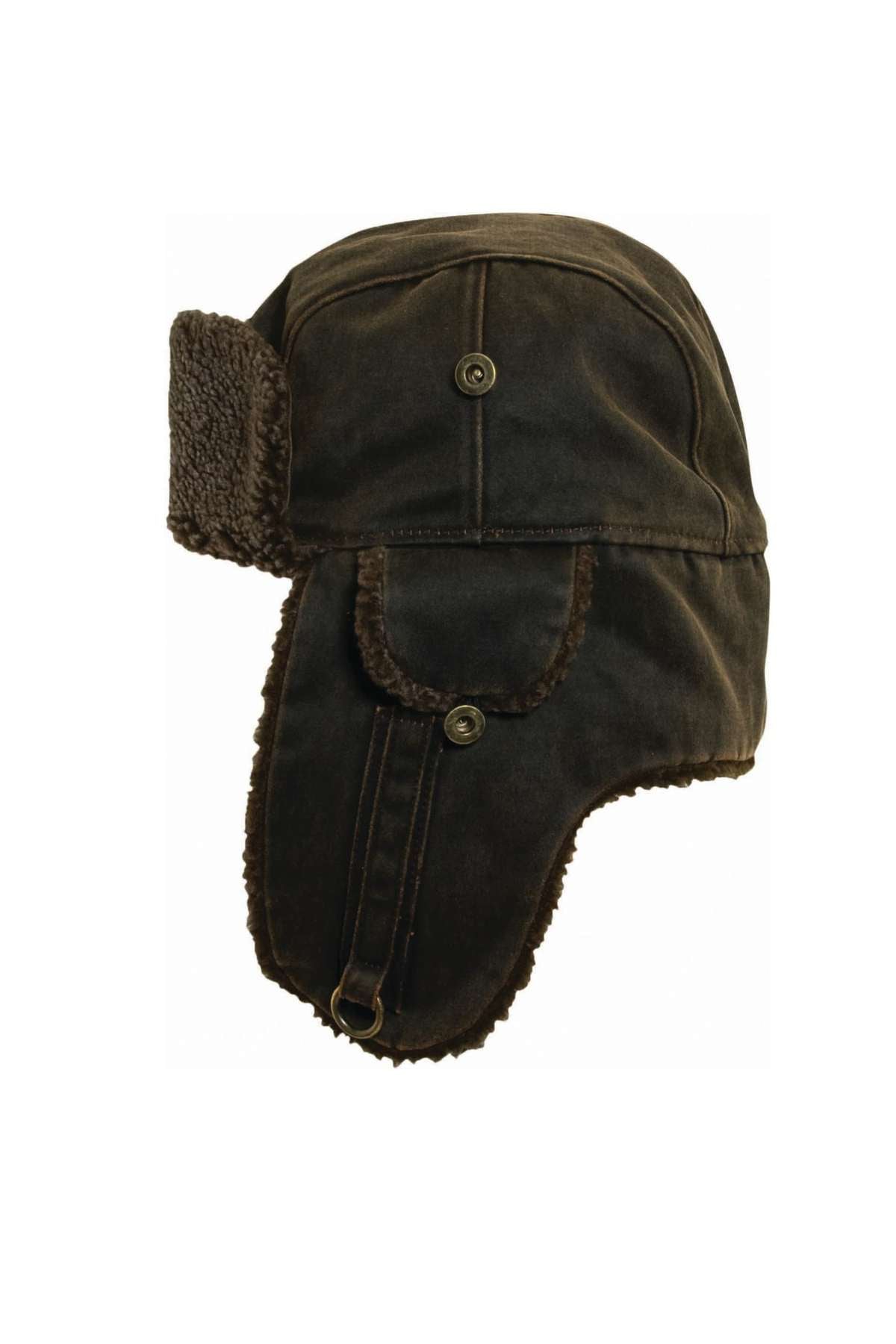 The Scala Distressed Weathered Cotton Trooper is a dark green trapper hat with ear flaps and button closure. It features a textured, weathered cotton exterior and fleece-lined interior for warmth, delivering an outback look with its rugged appeal.