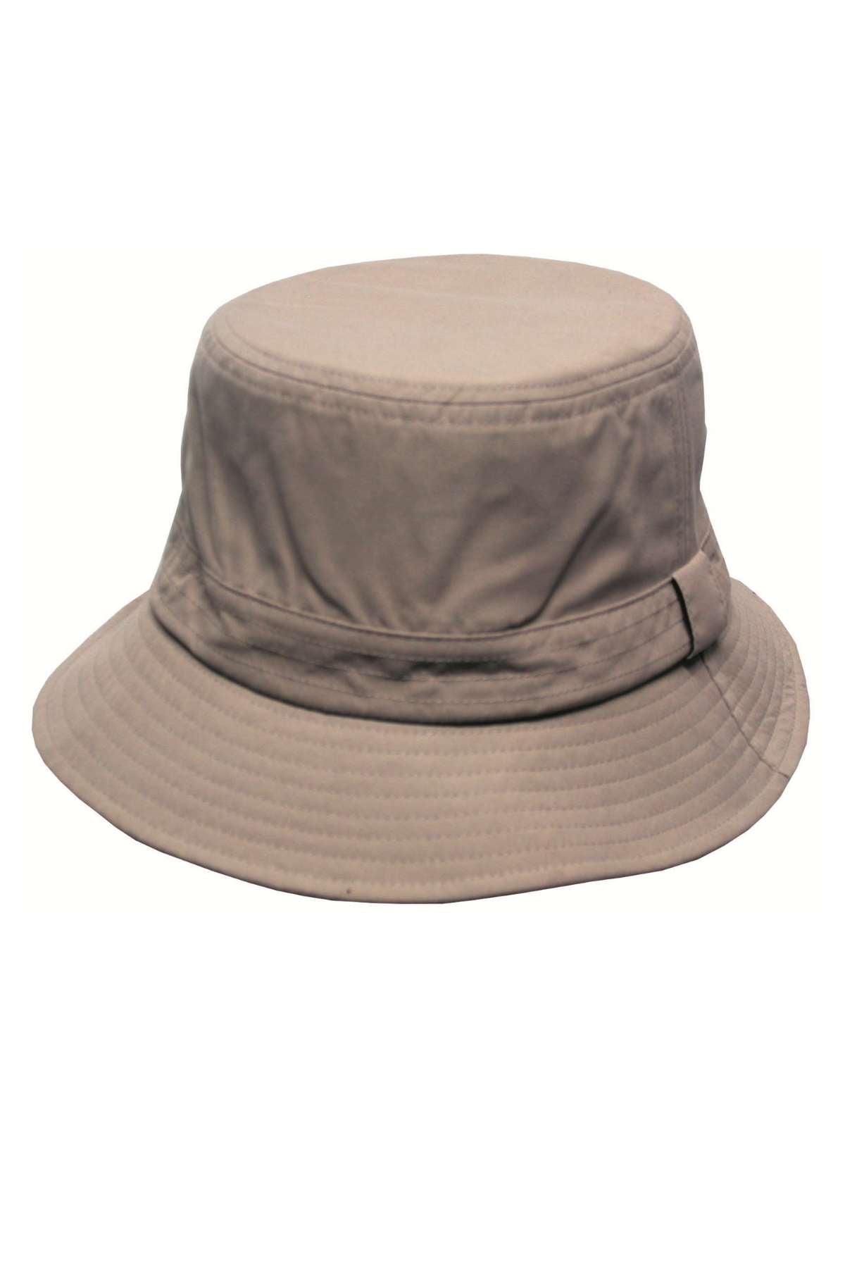 The Avenel Microfibre Casual Hat is a beige bucket hat with a wide, downward-sloping brim and a simple, unadorned design. Featuring a crushable design for easy packing, this casual hat offers UPF 50+ sun protection.
