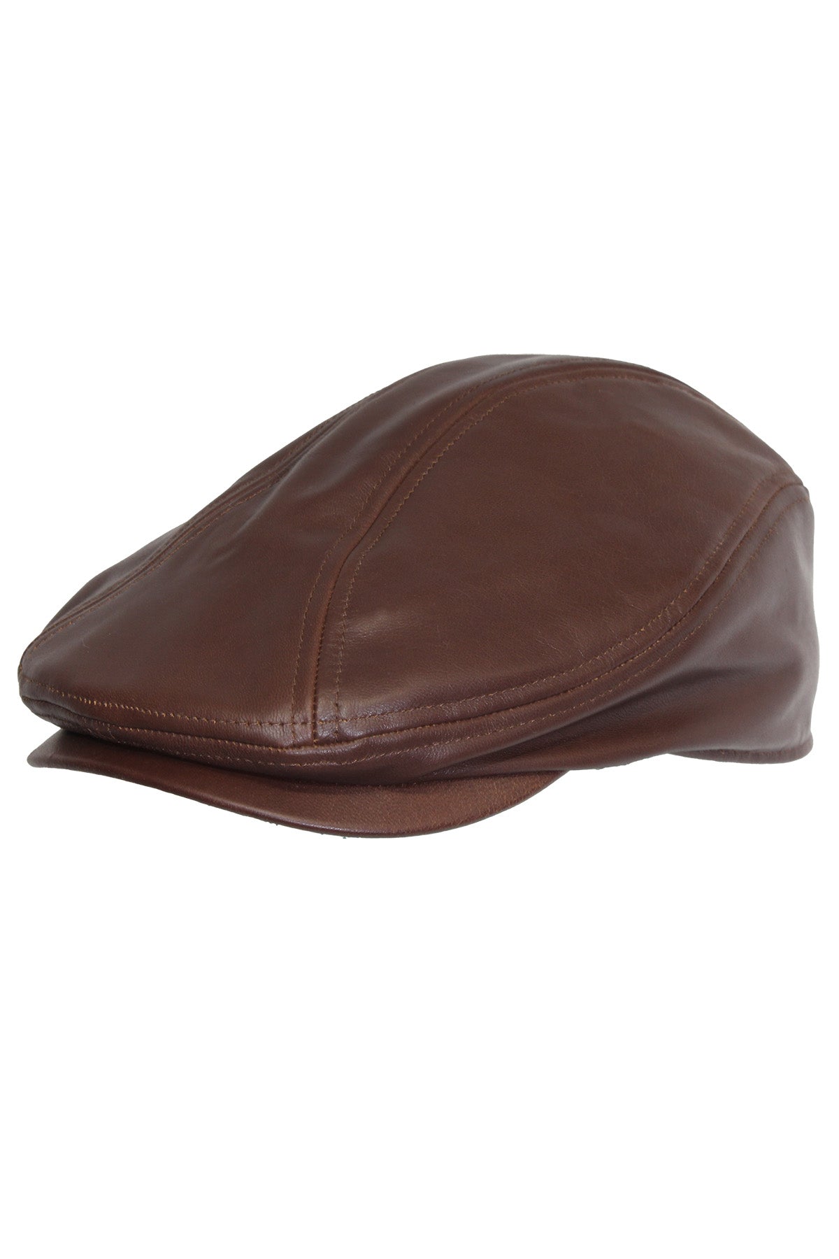 The Avenel Orlando Goat Hide Dress Cap is a stylish brown leather cap with visible stitching, shown from a side angle against a white background.