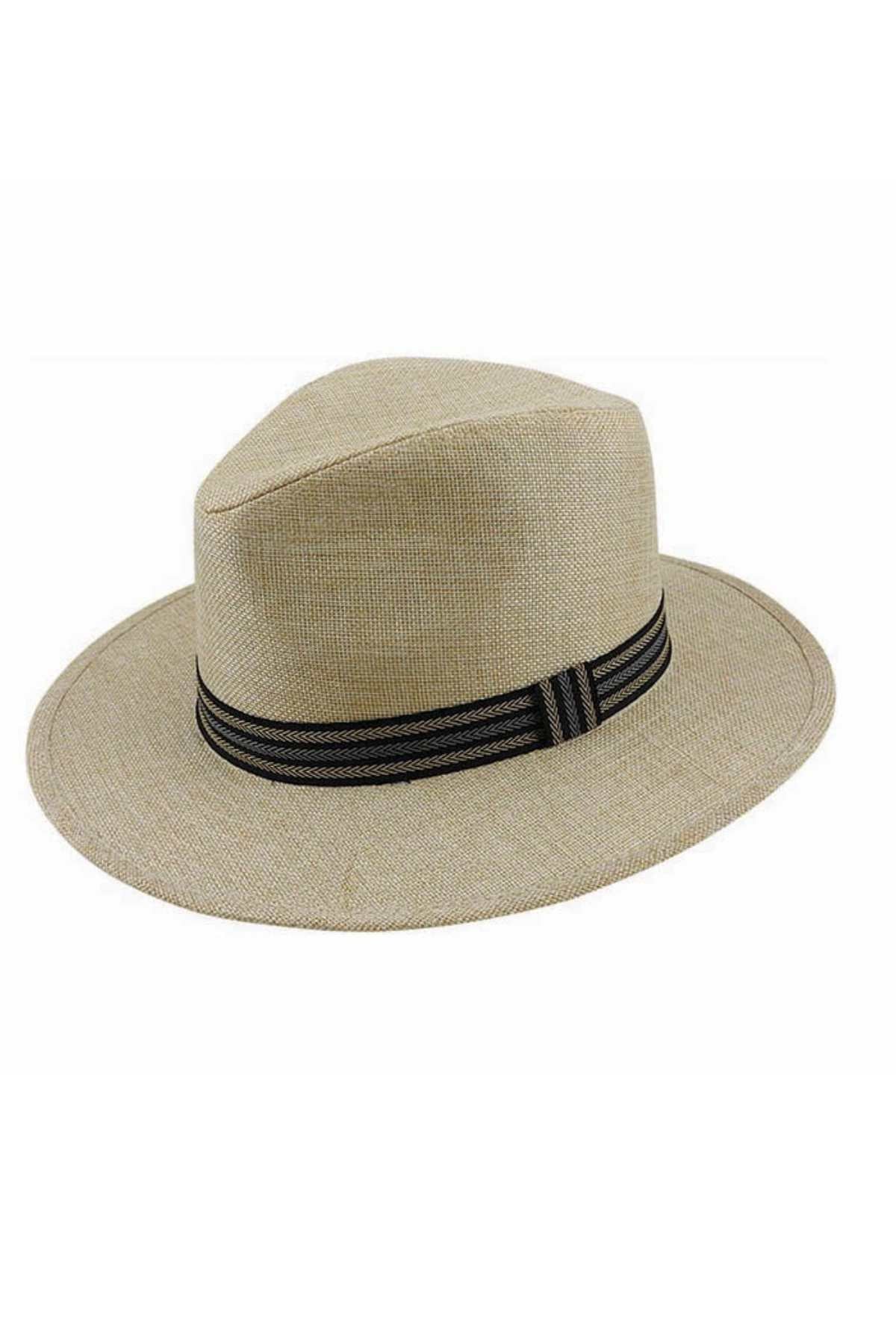 Introducing the Scala Polyester Wide Brim Hat, a beige fedora featuring a wide brim and a stylish black striped band around the base. Perfect for summer, this chic safari hat not only enhances your style but also provides UPF 50+ protection.