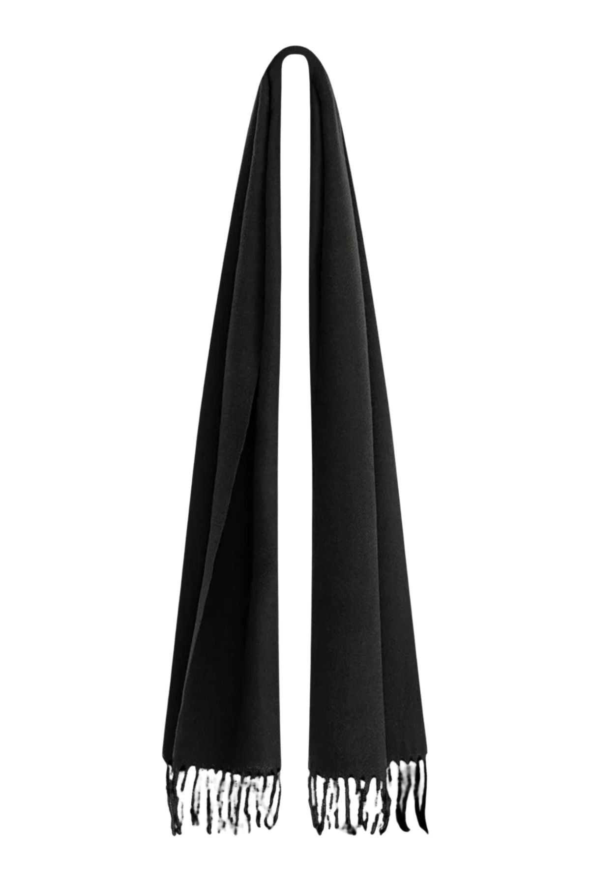 The Avenel Ryder Soft Feel Dacron Scarf, in black, is draped in a U-shape with fringed ends against a white background. This versatile accessory features a gentle dacron fabric for a comfortable and stylish look.