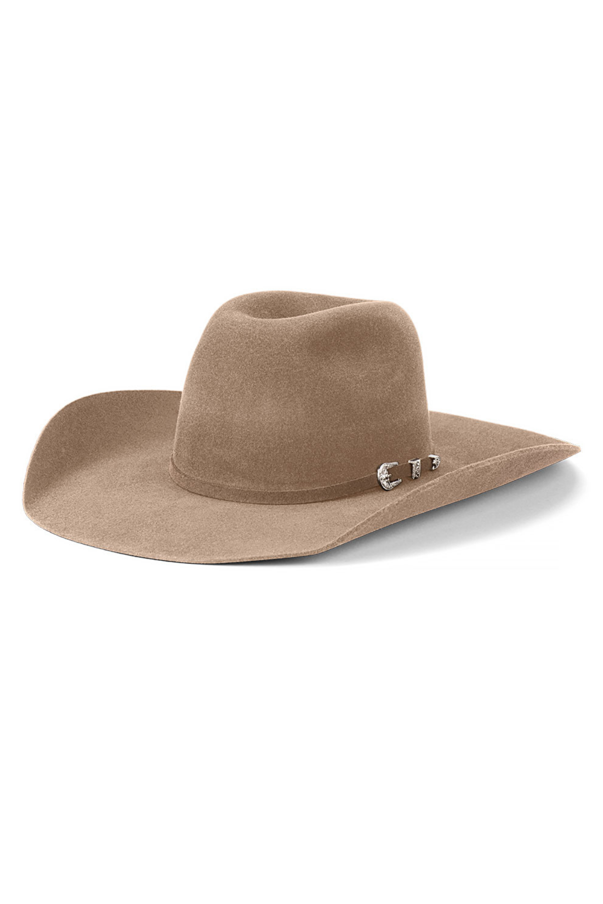 The Avenel The Longhorn Fur Felt Hat is a light brown, wide-brimmed cowboy hat with a pinched crown and silver buckle on the band, offering sun protection and shown against a white background.