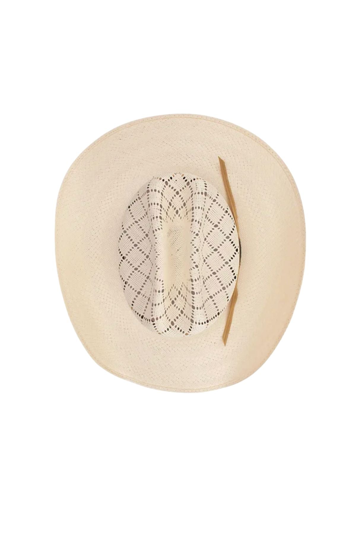 The Avenel The Wild Rag Shantung Mexican Western Hat features a cream-colored, diamond-patterned Shantung weave crown and light brown hatband—an ideal blend of style and sun protection. Seen from above on a white background.