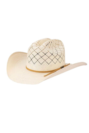 The Avenel The Wild Rag Shantung Mexican Western Hat is a white Shantung weave western hat with a wide brim, diamond-shaped crown vents, and a light brown hatband for style and sun protection.